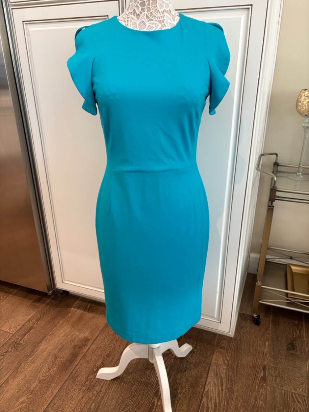 Escada Bright Teal Midi Sheath Dress with Flutter Cap Sleeves sz 38